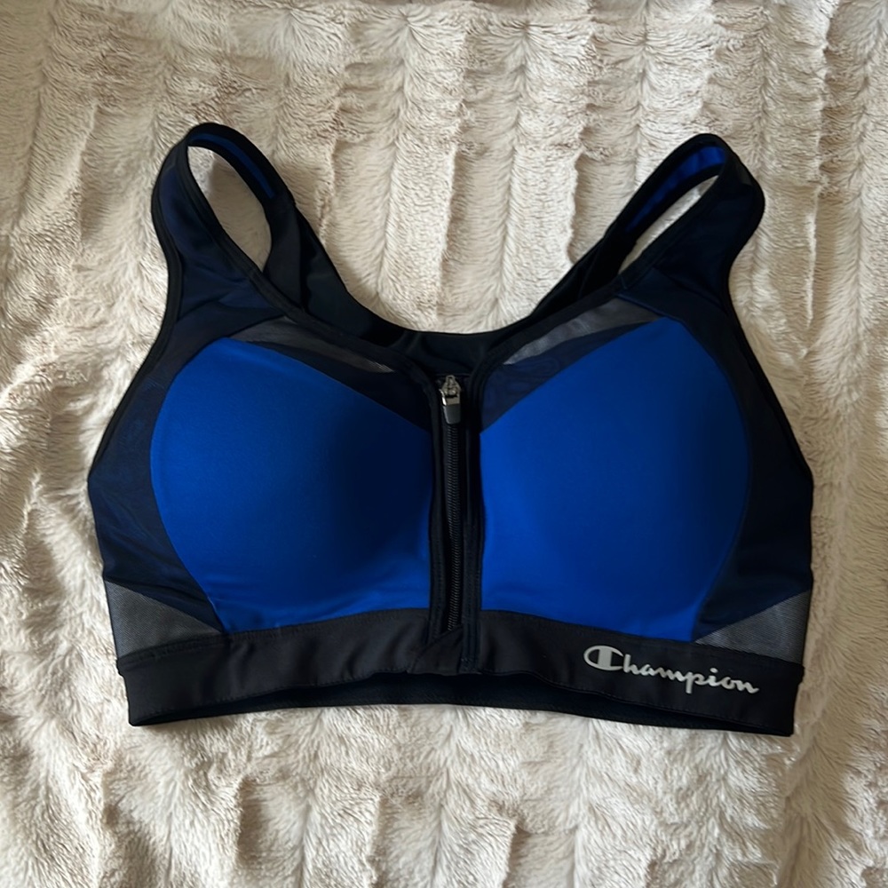 Blue Champion Women’s Sports Bra, motion control zip front - 34C